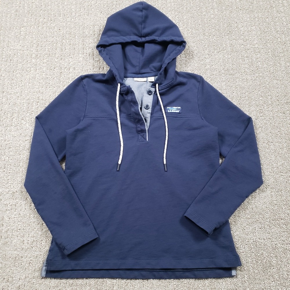 LL Bean Sweatshirt Womens Small Navy Blue Soft Cotton Rugby Hoodie Henley